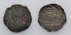The Netherlands. Tiel. Heinrich III 1036-1056 or Heinrich IV 1056-1106. AR Denar (18mm, 0.81g). Crowned head facing / +TI[__], Cross with a pellet in ...