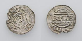 The Netherlands. Friesland. Bruno III 1038-1057. AR Denar (16mm, 0.50g). Dokkum mint. HEINRICVSRE+, crowned head right, cross-tipped scepter before / ...