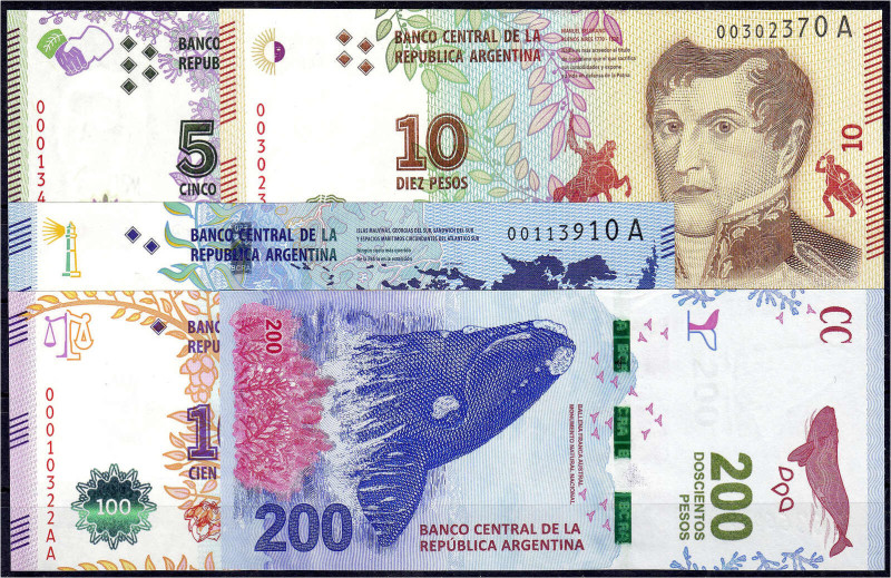 Banknoten - Ausland - Argentinien
5, 10, 50, 100 und 200 Pesos o.D. (2012-2016)...