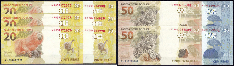 Banknoten - Ausland - Brasilien
10 Scheine zu 6 X 20, 2 X 50 und 2 X 100 Reais ...