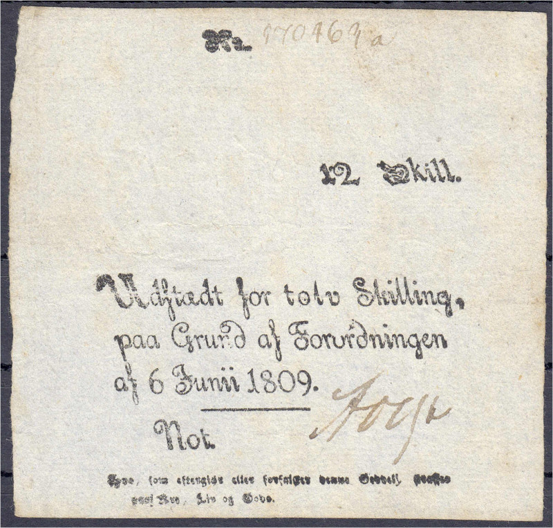 Banknoten - Ausland - Dänemark
12 Skilling 6. Juni 1809. III Pick A41.
