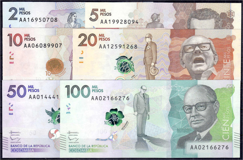 Banknoten - Ausland - Kolumbien
6 Scheine zu 2, 5, 10, 20, 50 und 100 Tsd. Peso...