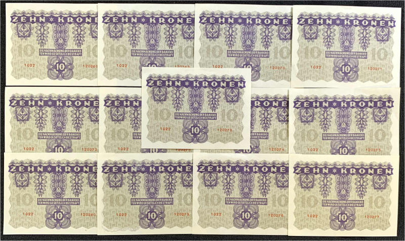 Banknoten - Ausland - Österreich
13 X 10 Kronen 2.1.1922. Fortlaufende KN. 1206...
