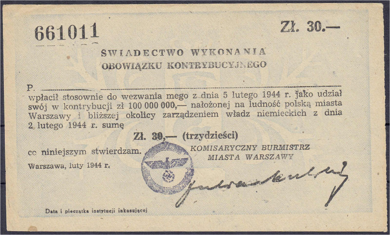 Banknoten - Ausland - Polen
Warschau, 30 Zloty 2.2.1944. Blanko Beitragsschein ...