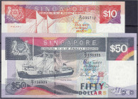 Banknoten - Ausland - Singapur
10 u. 50 Dollar o.D. (1987-1988). I-, Zählknick Pick 20, 22.