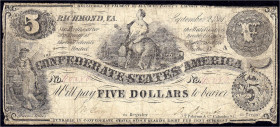 Banknoten - Ausland - Vereinigte Staaten von Amerika
Confederate States of America, 5 Dollar 2 September 1961. Serie 13 A. IV, selten Pick S366.