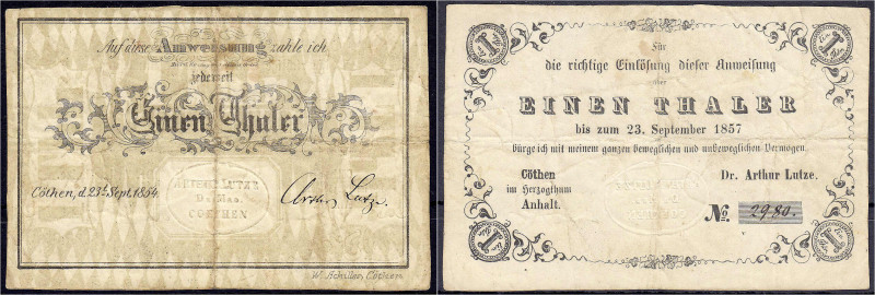 Banknoten - Altdeutschland - Anhalt-Cöthen
Dr. Arthur Lutze, 1 Thaler 23.9.1854...