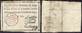 Banknoten - Altdeutschland - Mainz Festung (Belagerungsgeld)
5 Sous Mai 1793. Mit 3 Faksimile-Unterschr., ohne Serie. IV Pick S1475b. Grabowski/Kranz...