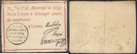 Banknoten - Altdeutschland - Mainz Festung (Belagerungsgeld)
3 Livres Mai 1793. Mit 3 Faksimile-Unterschr., ohne Serie. III-IV Pick S1477b. Grabowski...