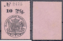 Banknoten - Altdeutschland - Mecklenburg-Strelitz
10 Pfg. Gutschein der Residenzstadt Neustrelitz o.D. (28.6.1893). KN 3,5 mm hoch. Ausgegeben zur Go...