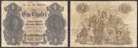 Banknoten - Altdeutschland - Sachsen
1 Thaler 6.9.1855 (1857) Königlich Sächsische Cassenbillets 1818 - 1867. Lit. A. IV+, entwertet Pick S624. Grabo...