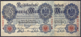 Banknoten - Die deutschen Banknoten ab 1871 nach Rosenberg - Deutsches Reich, 1871-1945
2 X 20 Mark 21.4.1910. KN. 6- und 7-stellig. II Rosenberg 40 ...