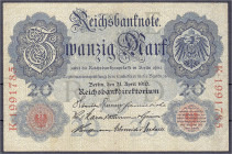 Banknoten - Die deutschen Banknoten ab 1871 nach Rosenberg - Deutsches Reich, 1871-1945
20 Mark 21.4.1910. KN. 7-stellig und mit WZ. II-, selten Rose...