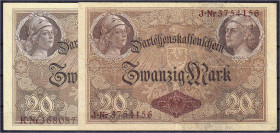 Banknoten - Die deutschen Banknoten ab 1871 nach Rosenberg - Deutsches Reich, 1871-1945
2 X 20 Mark 21.4.1910. KN. 6- und 7-stellig. II bis III+ Rose...