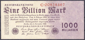 Banknoten - Die deutschen Banknoten ab 1871 nach Rosenberg - Deutsches Reich, 1871-1945
1 Bio. Mark 1.11.1923. KN 8-stellig, Serie C. II Rosenberg 12...