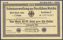 Banknoten - Die deutschen Banknoten ab 1871 nach Rosenberg - Deutsches Reich, 1871-1945
Ganze Schatzanweisung zu 4,20 Mark Gold = 1 Dollar 25.8.1923....