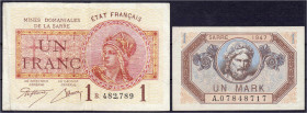 Banknoten - Die deutschen Banknoten ab 1871 nach Rosenberg - Deutsches Reich, 1871-1945
1 Franc und 1 Saarmark o.D. und 1947. Serie B und A. II-III R...