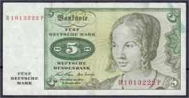 Banknoten - Die deutschen Banknoten ab 1871 nach Rosenberg - Westliche Besatzungszonen und BRD, ab 1948
5 Deutsche Mark 2.1.1970. Serie B/P 1013222. ...