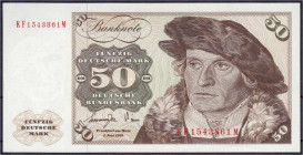 Banknoten - Die deutschen Banknoten ab 1871 nach Rosenberg - Westliche Besatzungszonen und BRD, ab 1948
50 Deutsche Mark 1.6.1977. Serie KF/M. I- Ros...