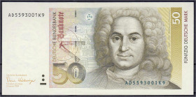 Banknoten - Die deutschen Banknoten ab 1871 nach Rosenberg - Westliche Besatzungszonen und BRD, ab 1948
50 Deutsche Mark 2.1.1989. Serie AD/K. I bis ...