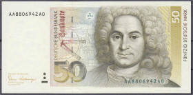 Banknoten - Die deutschen Banknoten ab 1871 nach Rosenberg - Westliche Besatzungszonen und BRD, ab 1948
50 Deutsche Mark 2.1.1989. Serie AA/A. I, übl...