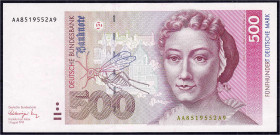 Banknoten - Die deutschen Banknoten ab 1871 nach Rosenberg - Westliche Besatzungszonen und BRD, ab 1948
500 Deutsche Mark 1.8.1991. Serie AA/A. I- bi...