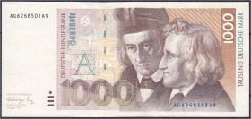Banknoten - Die deutschen Banknoten ab 1871 nach Rosenberg - Westliche Besatzungszonen und BRD, ab 1948
1000 Deutsche Mark 1.8.1991. Serie AG/A. II, ...