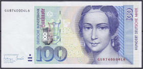 Banknoten - Die deutschen Banknoten ab 1871 nach Rosenberg - Westliche Besatzungszonen und BRD, ab 1948
100 Deutsche Mark 2.1.1996. Serie GU/L mit Qu...