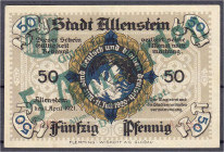 Banknoten - Deutsches Notgeld und KGL - Allenstein (Ostpr.)
Stadt, 50 Mrd. Mark Aufdruck auf 50 Pfg. 1.4.1921. II Lindman 13.Aufdrucke.2.