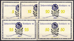 Banknoten - Deutsches Notgeld und KGL - Altenburg (Thüringen)
JBV Johannisfest-Notschein, 5 Scheine zu 5, 10, 20, 25 u. 50 Pfg. o.D. Vs. Rose u. Text...