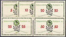 Banknoten - Deutsches Notgeld und KGL - Altenburg (Thüringen)
JBV Johannisfest-Notschein, 5 Scheine zu 5, 10, 20, 25 u. 50 Pfg. o.D. Vs. Rose u. Text...