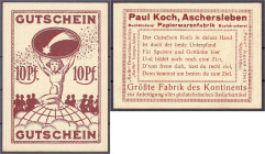 Banknoten - Deutsches Notgeld und KGL - Aschersleben (Prov. Sachsen)
Paul Koch Papierwarenfabrik., 10 Pfg. o.D. Karton sämisch. I- Grab./Mehl 48.1.