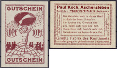 Banknoten - Deutsches Notgeld und KGL - Aschersleben (Prov. Sachsen)
Paul Koch Papierwarenfabrik., 10 Pfg. o.D. Karton grau. I- Grab./Mehl 48.2.