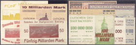 Banknoten - Deutsches Notgeld und KGL - Backnang (Württemberg)
Stadt, 10 diverse Notgeldscheine von 5 Mio. bis 50 Mrd. Mark. II-III
