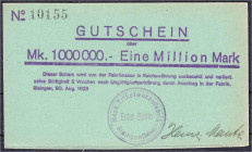 Banknoten - Deutsches Notgeld und KGL - Bisingen (Württemberg)
Mech. Trikotwarenfabrik Heinr. Maute, 1 Mio. Mark auf grünem Karton 20.8.1923. Violett...