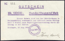 Banknoten - Deutsches Notgeld und KGL - Bisingen (Württemberg)
Mech. Trikotwarenfabrik Heinr. Maute, 100 000,- Mark 20.8.1923. Violetter Büro-Druck m...