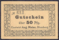 Banknoten - Deutsches Notgeld und KGL - Blomberg (Lippe)
Gastwirt Aug. Meier, 50 Pfg. o.D. I-, selten Weiß 27b.