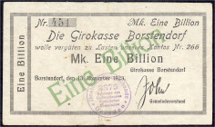 Banknoten - Deutsches Notgeld und KGL - Borstendorf (Sachsen)
Girokasse 1 Bio. Mark 13.11.1923, gedruckter Eigenscheck, ohne Wz. III, sehr selten Kel...
