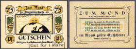 Banknoten - Deutsches Notgeld und KGL - Bremen (Bremen)
Theo Schmetz, Restaurant „Zum Mond“, 75 Pfg. o.J., mit Stempel „Gut für 1 Mark“. I- Lindman 1...