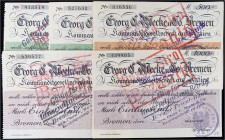 Banknoten - Deutsches Notgeld und KGL - Bremen (Bremen)
Telegraphen-Amt, 5 Scheine zu 2 X 1 Tsd., 2 X 250 Tsd. u. 500 Tsd. o.D. II-