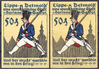 Banknoten - Deutsches Notgeld und KGL - Detmold (Westfalen)
Stadt, 2 X 50 Pfg. Soldat als Unteroffizier, Litze an Kragen und Ärmel, August 1920. Wz S...