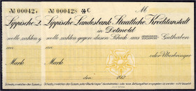 Banknoten - Deutsches Notgeld und KGL - Detmold (Westfalen)
Lippische Landesbank, Staatliche Kreditanstalt, 2 Blanco-Schecks (1923), Folgenummer. II ...