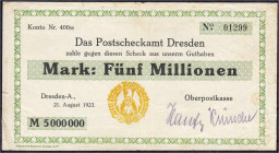 Banknoten - Deutsches Notgeld und KGL - Dresden (Sachsen)
Oberpostkasse Altstadt, 5 Mio. Mark 21.8.1923. Gelber Hochdruckstempel. III-IV, sehr selten