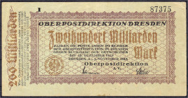 Banknoten - Deutsches Notgeld und KGL - Dresden (Sachsen)
Oberpostdirektion Altstadt, 200 Mrd. Mark 5.11.1923. III, Ecke oben rechts eingerissen, sel...