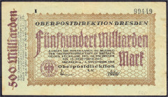 Banknoten - Deutsches Notgeld und KGL - Dresden (Sachsen)
Oberpostdirektion Altstadt, 500 Mrd. Mark 5.11.1923. III, kl. Einriss, selten