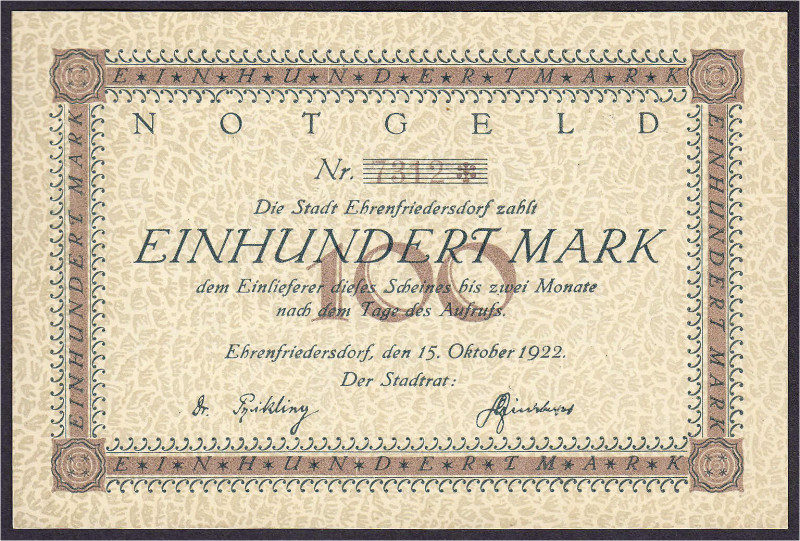 Banknoten - Deutsches Notgeld und KGL - Ehrenfriedersdorf (Sachsen)
Stadt, 100 ...