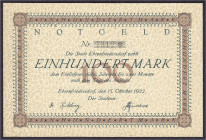 Banknoten - Deutsches Notgeld und KGL - Ehrenfriedersdorf (Sachsen)
Stadt, 100 Mark 15.10.1922. Wz. Flämmchen, Rahmen und Wertziffer braun, Udr. brau...