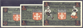 Banknoten - Deutsches Notgeld und KGL - Elmshorn (Schleswig-Holstein)
3 Stück: Elmshorner Männer-Turnverein e.V, 50 Pfg., 1 und 2 Mark. 4.2.1922- End...
