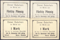 Banknoten - Deutsches Notgeld und KGL - Erfurt (Prov. Sachsen)
Herm. Göckler, 4 Scheine zu 2 X 50 Pfg. u. 2 X 1 Mark o.D. Gültig bis 31.12.1921. I-II...