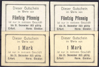Banknoten - Deutsches Notgeld und KGL - Erfurt (Prov. Sachsen)
Herm. Göckler, 4 Scheine zu 2 X 50 Pfg. u. 2 X 1 Mark o.D. Gültig bis 31.12.1921. I-II...